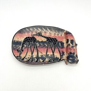 Made in Kenya Giraffe Hippo‎ Soapstone Dish Trinket Tray Carved Animals